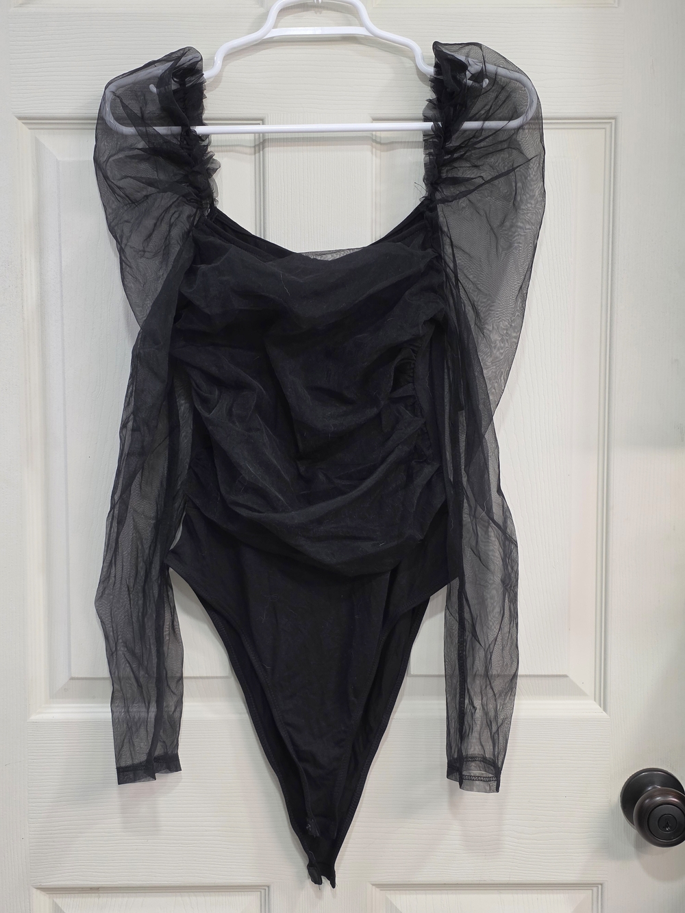 Black Sheer Long Sleeve Ruched Bodysuit